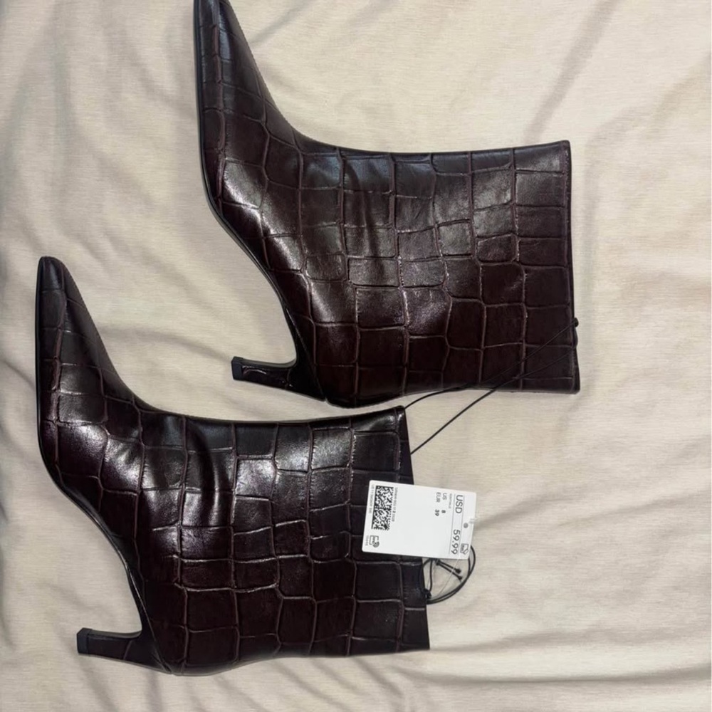 H&M Dark Brown Croc-Embossed Pointed Toe Ankle Boots